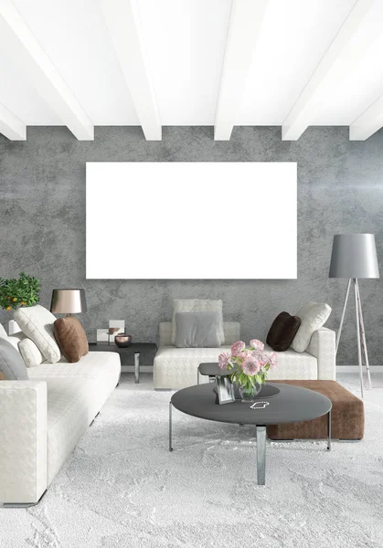 Fehér hálószoba vagy nappali minimál stílusú belső kialakítás és stílusos fal és a kanapé. 3D-leképezést. A Térkép szoba Conept — Stock Fotó