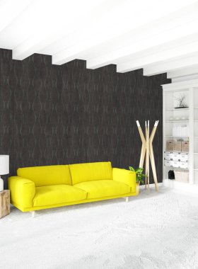 Beyaz yatak odası veya oturma odası en az stil iç tasarım şık duvar ve Kanepeli. 3D render. Conept gösteri Oda