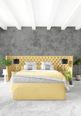 Beyaz yatak odası veya oturma odası en az stil iç tasarım şık duvar ve Kanepeli. 3D render. Conept gösteri Oda