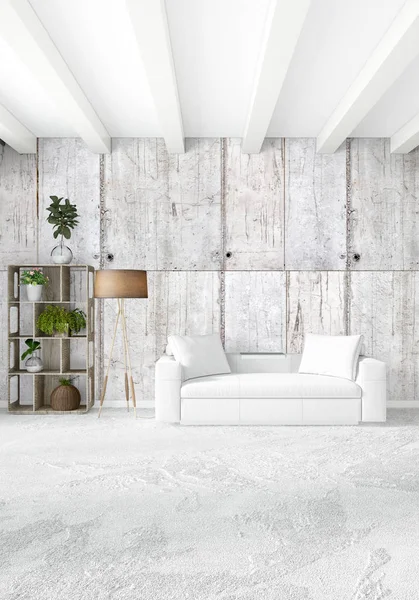 Beyaz yatak odası veya oturma odası en az stil iç tasarım şık duvar ve Kanepeli. 3D render. Conept gösteri Oda