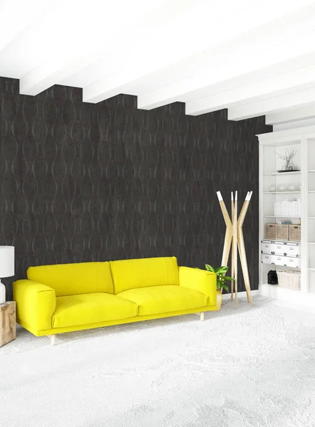 Dormitorio blanco o sala de estar de diseño interior de estilo minimalista con elegante pared y sofá. Representación 3D. Conjunto de sala de exposición —  Fotos de Stock