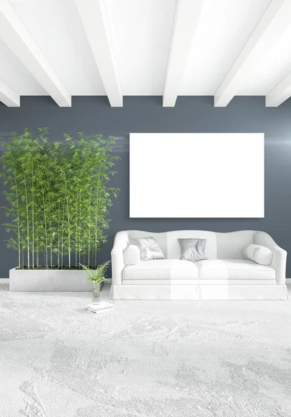 Beyaz yatak odası veya oturma odası en az stil iç tasarım şık duvar ve Kanepeli. 3D render. Conept gösteri Oda