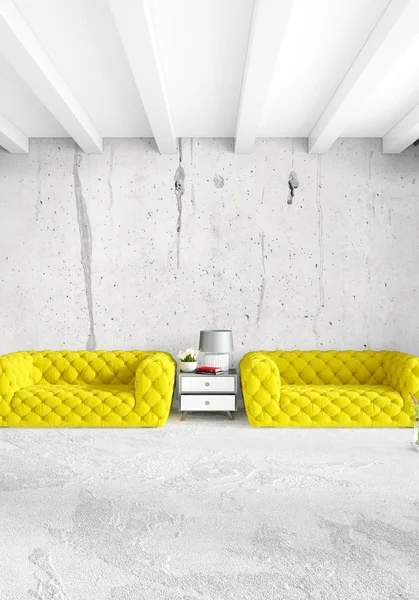 Beyaz yatak odası veya oturma odası en az stil iç tasarım şık duvar ve Kanepeli. 3D render. Conept gösteri Oda