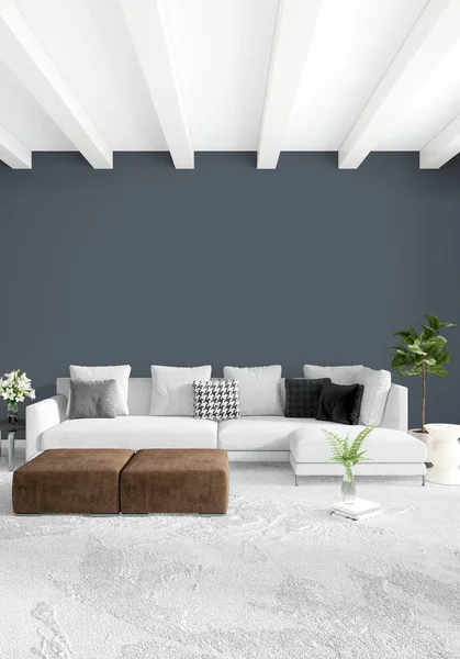 Beyaz yatak odası veya oturma odası en az stil iç tasarım şık duvar ve Kanepeli. 3D render. Conept gösteri Oda