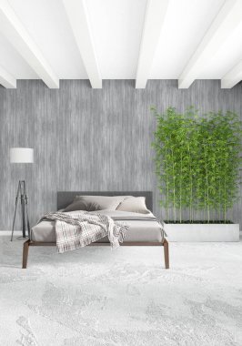 Beyaz yatak odası veya oturma odası en az stil iç tasarım şık duvar ve Kanepeli. 3D render. Conept gösteri Oda