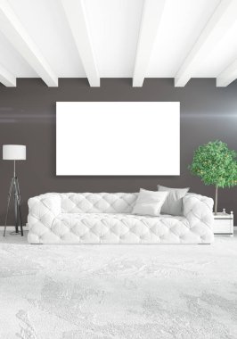 Beyaz yatak odası veya oturma odası en az stil iç tasarım şık duvar ve Kanepeli. 3D render. Conept gösteri Oda