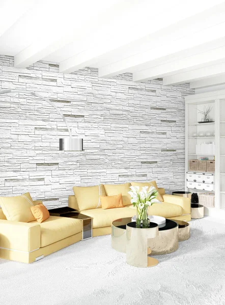 Beyaz yatak odası veya oturma odası en az stil iç tasarım şık duvar ve Kanepeli. 3D render. Conept gösteri Oda