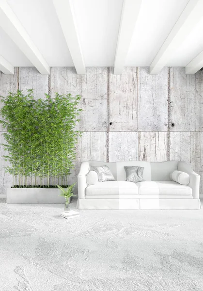 Beyaz yatak odası veya oturma odası en az stil iç tasarım şık duvar ve Kanepeli. 3D render. Conept gösteri Oda