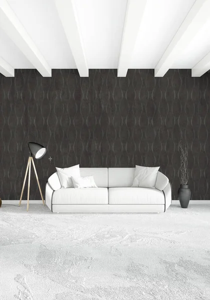 Beyaz yatak odası veya oturma odası en az stil iç tasarım şık duvar ve Kanepeli. 3D render. Conept gösteri Oda