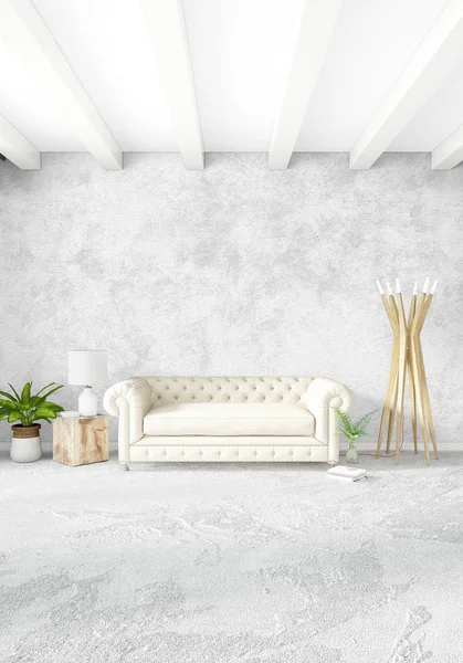 Beyaz yatak odası veya oturma odası en az stil iç tasarım şık duvar ve Kanepeli. 3D render. Conept gösteri Oda