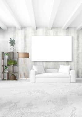Beyaz yatak odası veya oturma odası en az stil iç tasarım şık duvar ve Kanepeli. 3D render. Conept gösteri Oda