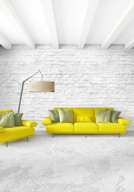 Beyaz yatak odası veya oturma odası en az stil iç tasarım şık duvar ve Kanepeli. 3D render. Conept gösteri Oda