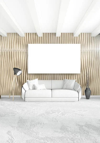 Beyaz yatak odası veya oturma odası en az stil iç tasarım şık duvar ve Kanepeli. 3D render. Conept gösteri Oda