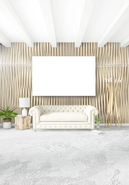 Dormitorio blanco o sala de estar de diseño interior de estilo minimalista con elegante pared y sofá. Representación 3D. Conjunto de sala de exposición — Foto de Stock