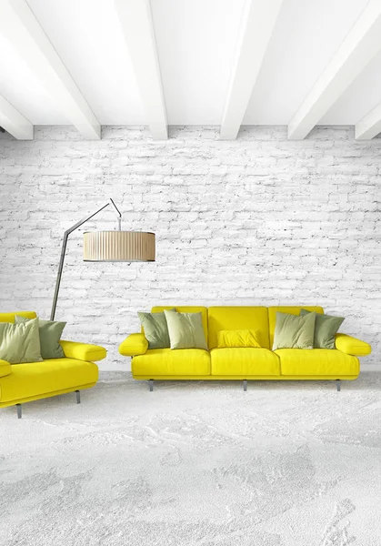 Beyaz yatak odası veya oturma odası en az stil iç tasarım şık duvar ve Kanepeli. 3D render. Conept gösteri Oda