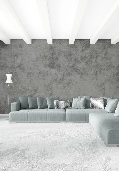 Beyaz yatak odası veya oturma odası en az stil iç tasarım şık duvar ve Kanepeli. 3D render. Conept gösteri Oda