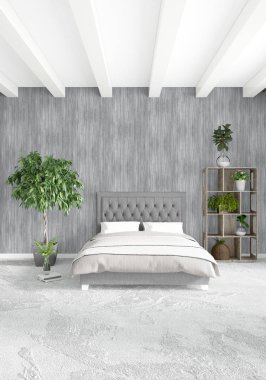 Beyaz yatak odası veya oturma odası en az stil iç tasarım şık duvar ve Kanepeli. 3D render. Conept gösteri Oda