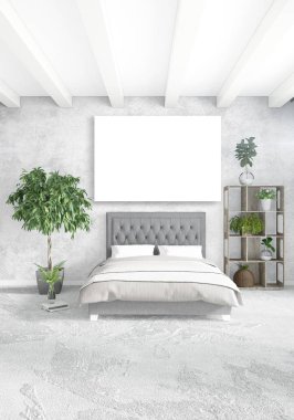 Beyaz yatak odası veya oturma odası en az stil iç tasarım şık duvar ve Kanepeli. 3D render. Conept gösteri Oda