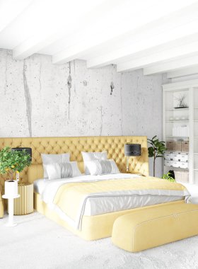 Beyaz yatak odası veya oturma odası en az stil iç tasarım şık duvar ve Kanepeli. 3D render. Conept gösteri Oda