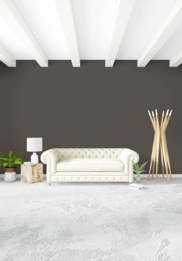 Beyaz yatak odası veya oturma odası en az stil iç tasarım şık duvar ve Kanepeli. 3D render. Conept gösteri Oda