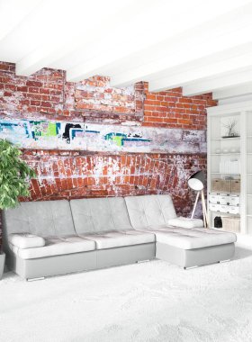 Beyaz yatak odası veya oturma odası en az stil iç tasarım şık duvar ve Kanepeli. 3D render. Conept gösteri Oda