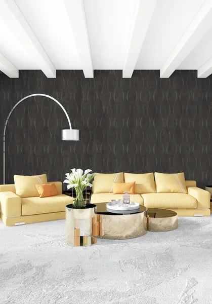 Beyaz yatak odası veya oturma odası en az stil iç tasarım şık duvar ve Kanepeli. 3D render. Conept gösteri Oda