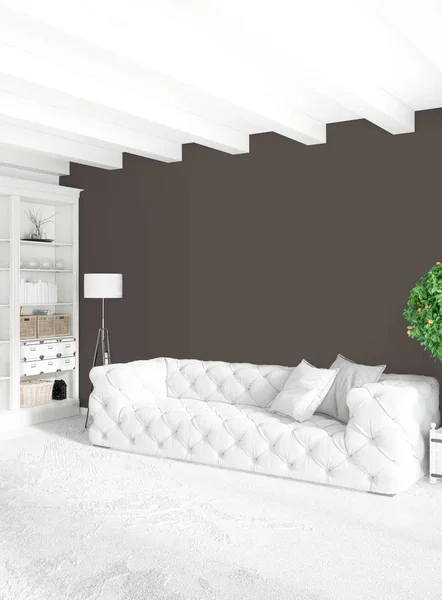 Biała sypialnia i pokój dzienny minimalistycznym stylu wnętrz ze stylowymi i sofą. renderowania 3D. Conept salonu — Zdjęcie stockowe