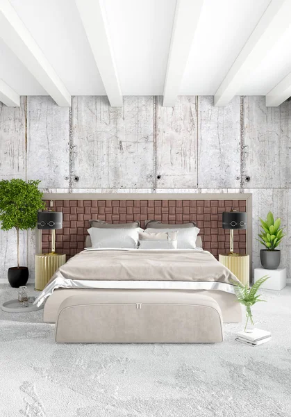 Белая спальня или гостиная с минимальным дизайном в стиле интерьера со стильной стеной и диваном. 3D рендеринг. Концепция выставочного зала — стоковое фото