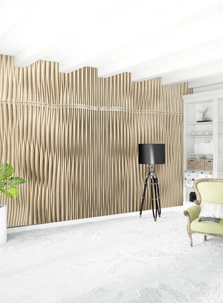 Beyaz yatak odası veya oturma odası en az stil iç tasarım şık duvar ve Kanepeli. 3D render. Conept gösteri Oda