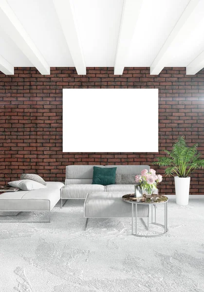 Dormitorio blanco o sala de estar de diseño interior de estilo minimalista con elegante pared y sofá. Representación 3D. Conjunto de sala de exposición —  Fotos de Stock