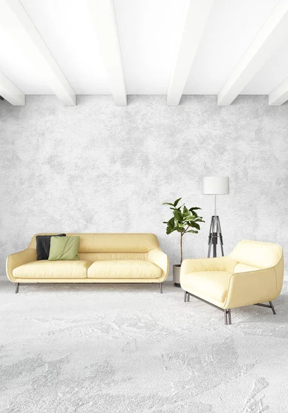 Beyaz yatak odası veya oturma odası en az stil iç tasarım şık duvar ve Kanepeli. 3D render. Conept gösteri Oda