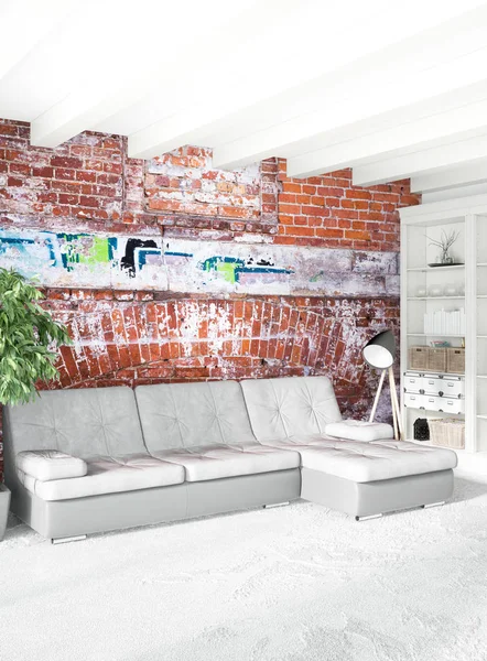 Beyaz yatak odası veya oturma odası en az stil iç tasarım şık duvar ve Kanepeli. 3D render. Conept gösteri Oda