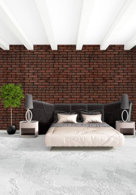 Beyaz yatak odası veya oturma odası en az stil iç tasarım şık duvar ve Kanepeli. 3D render. Conept gösteri Oda