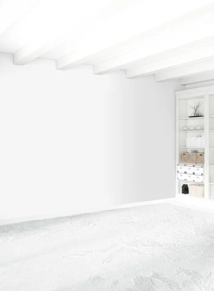 Wit slaapkamer of woonkamer minimalistische stijl interieur met stijlvolle muur en slaapbank. 3D-rendering. Conept van de showroom — Stockfoto