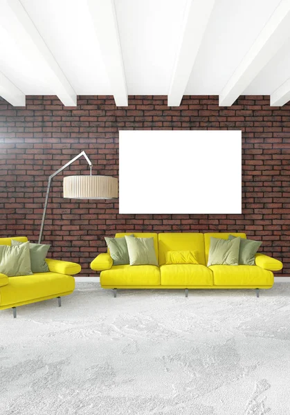 Kamar tidur putih atau ruang tamu Desain interior gaya minimal dengan dinding bergaya dan sofa. Perilisan 3D. Terdiri dari ruang pertunjukan — Stok Foto