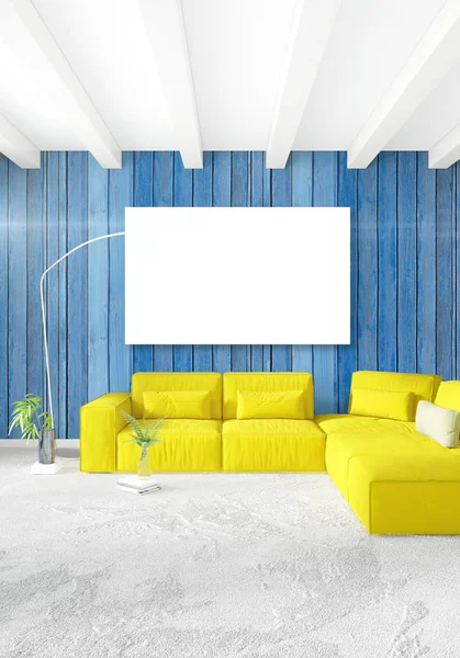 Weißes Schlafzimmer oder Wohnzimmer minimalistisches Interieur mit stilvoller Wand und Sofa. 3D-Darstellung. Konzept des Showrooms — Stockfoto