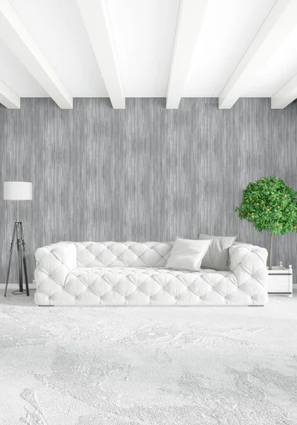 Beyaz yatak odası veya oturma odası en az stil iç tasarım şık duvar ve Kanepeli. 3D render. Conept gösteri Oda