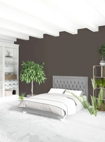 Λευκό υπνοδωμάτιο ή σαλόνι στυλ minimal εσωτερικό σχεδιασμό με κομψό τοίχο και καναπέ. 3D rendering. Conept εμφάνιση δωμάτιο — Φωτογραφία Αρχείου