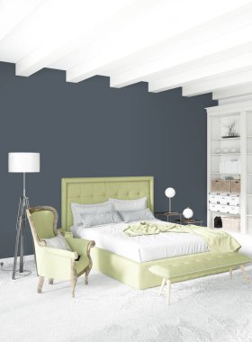 Beyaz yatak odası veya oturma odası en az stil iç tasarım şık duvar ve Kanepeli. 3D render. Conept gösteri Oda