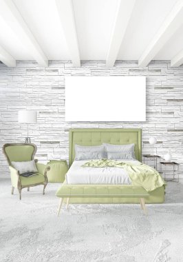 Beyaz yatak odası veya oturma odası en az stil iç tasarım şık duvar ve Kanepeli. 3D render. Conept gösteri Oda