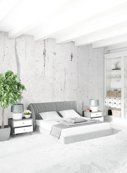 Beyaz yatak odası veya oturma odası en az stil iç tasarım şık duvar ve Kanepeli. 3D render. Conept gösteri Oda