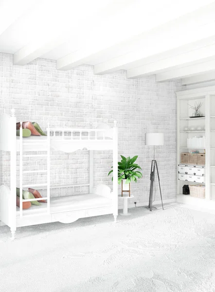 Beyaz yatak odası veya oturma odası en az stil iç tasarım şık duvar ve Kanepeli. 3D render. Conept gösteri Oda