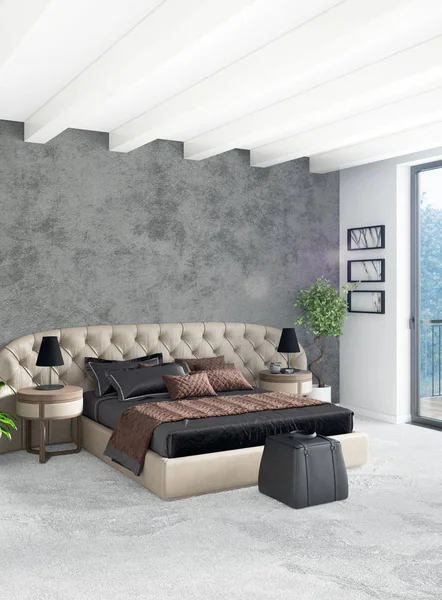 Weißes Schlafzimmer oder Wohnzimmer minimalistisches Interieur mit stilvoller Wand und Sofa. 3D-Darstellung. Konzept des Showrooms — Stockfoto
