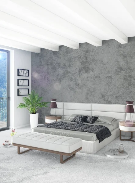 Fehér hálószoba vagy nappali minimál stílusú belső kialakítás és stílusos fal és a kanapé. 3D-leképezést. A Térkép szoba Conept — Stock Fotó