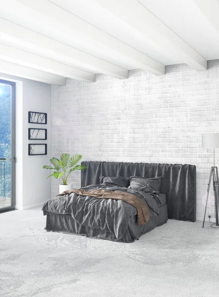 白い寝室またはリビング ルーム ミニマル スタイル インテリア デザイン スタイリッシュな壁付けソファ。3 d レンダリング。ショールームのかみ合い — ストック写真