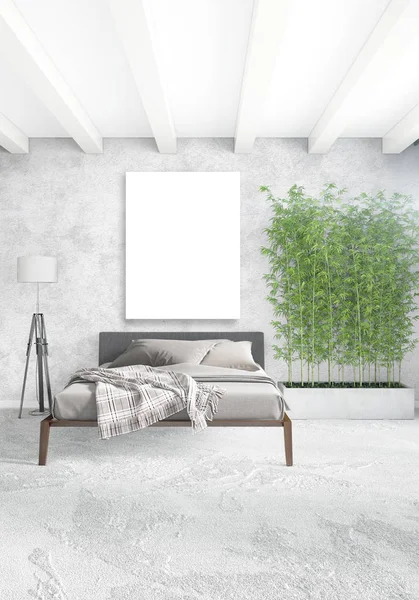 Beyaz yatak odası veya oturma odası en az stil iç tasarım şık duvar ve Kanepeli. 3D render. Conept gösteri Oda