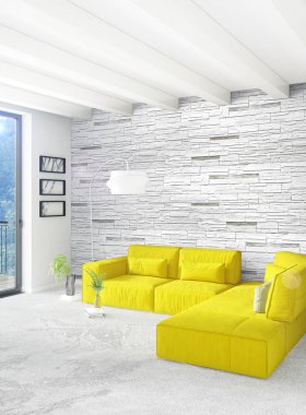 Beyaz yatak odası veya oturma odası en az stil iç tasarım şık duvar ve Kanepeli. 3D render. Conept gösteri Oda