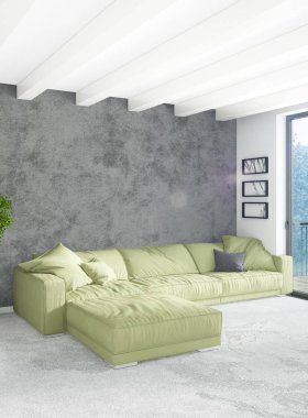 Beyaz yatak odası veya oturma odası en az stil iç tasarım şık duvar ve Kanepeli. 3D render. Conept gösteri Oda