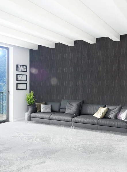 Beyaz yatak odası veya oturma odası en az stil iç tasarım şık duvar ve Kanepeli. 3D render. Conept gösteri Oda