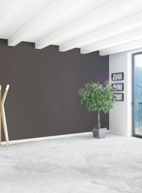 Beyaz yatak odası veya oturma odası en az stil iç tasarım şık duvar ve Kanepeli. 3D render. Conept gösteri Oda